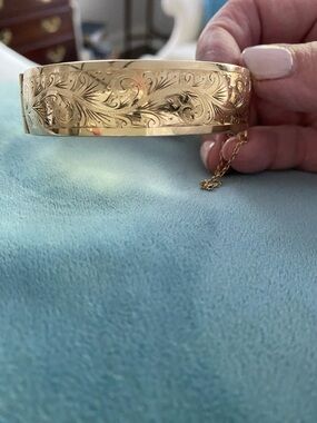 Gold Engraved Floral Bangle Bracelet - Women